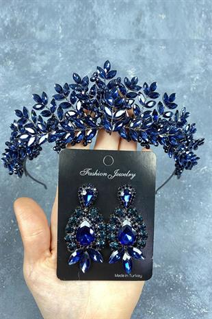 Navy Blue Original Bead Embroidered Bridal Henna Crown And Earring Set