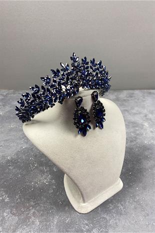 Navy Blue Original Bead Embroidered Bridal Henna Crown And Earring Set