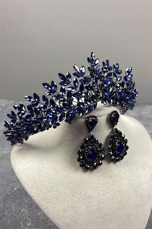 Navy Blue Original Bead Embroidered Bridal Henna Tiara and Studded Earrings Set