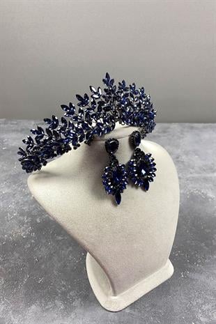 Navy Blue Original Bead Embroidered Bridal Henna Tiara and Stud Earrings Set