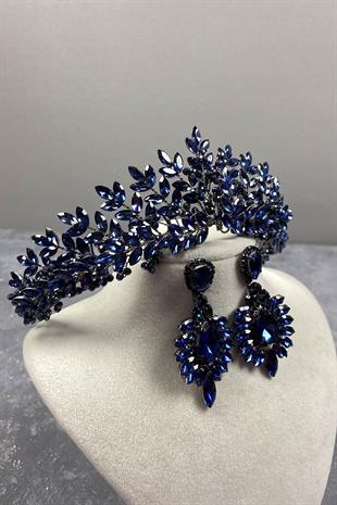 Navy Blue Original Bead Embroidered Bridal Henna Tiara and Stud Earrings Set