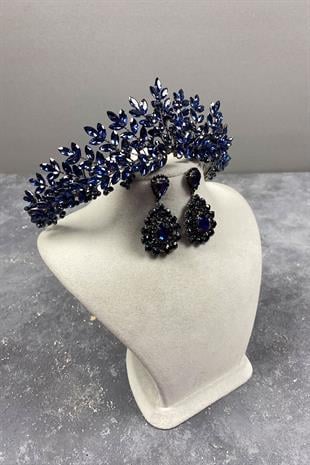 Navy Blue Original Bead Embroidered Bridal Henna Tiara and Studded Earrings Set