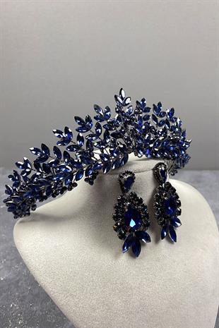 Navy Blue Original Bead Embroidered Bridal Henna Crown And Earring Set