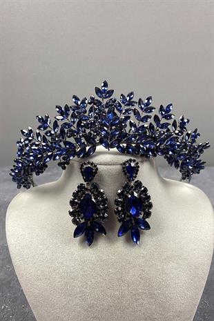 Navy Blue Original Bead Embroidered Bridal Henna Crown And Earring Set