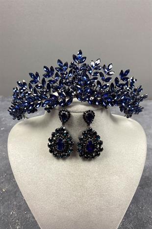 Navy Blue Original Bead Embroidered Bridal Henna Tiara and Studded Earrings Set
