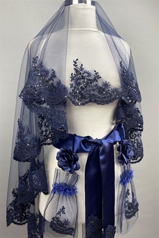 Lacivert Azur Pullu Gelin Duvağı Kına Yüz Örtüsü