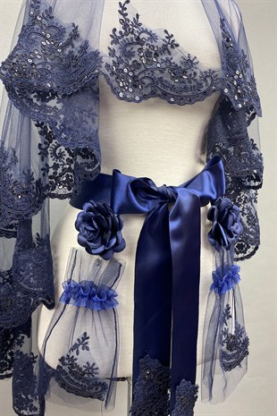 Lacivert Azur Pullu Gelin Duvağı Kına Yüz Örtüsü