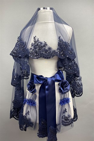 Lacivert Azur Pullu Gelin Duvağı Kına Yüz Örtüsü