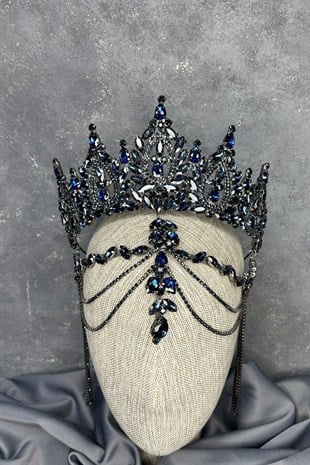 Lacivert BalcaYüksek Alınlık Sallantılı Gelin Kına Tacı