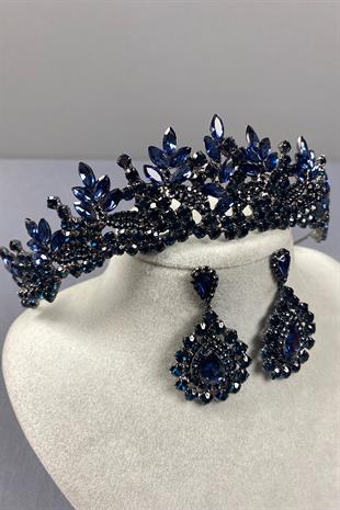 Navy Blue Belur Bridal Henna Crown and Drop Stone Earring Set
