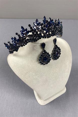 Navy Blue Belur Bridal Henna Crown and Drop Stone Earring Set