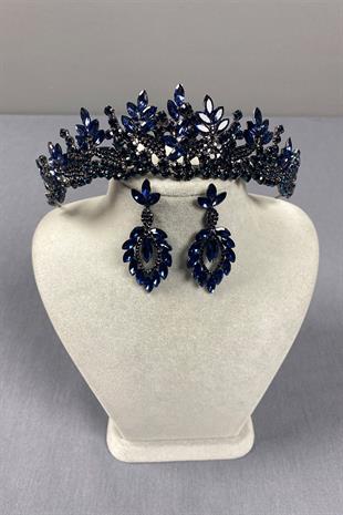Navy Blue Belur Bridal Henna Crown and Drop Earring Set