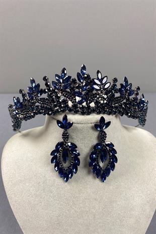 Navy Blue Belur Bridal Henna Crown and Drop Earring Set