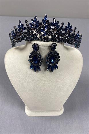 Navy Blue Belur Bridal Henna Crown and Drop Shuttle Stone Earring Set