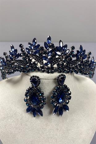 Navy Blue Belur Bridal Henna Crown and Drop Shuttle Stone Earring Set