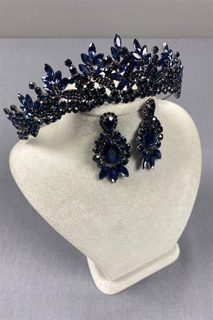 Navy Blue Belur Bridal Henna Crown and Drop Shuttle Stone Earring Set