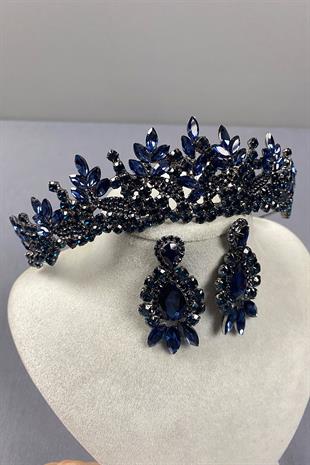 Navy Blue Belur Bridal Henna Crown and Drop Shuttle Stone Earring Set