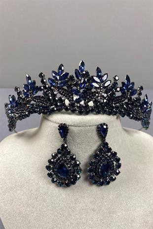 Navy Blue Belur Bridal Henna Crown and Drop Stone Earring Set