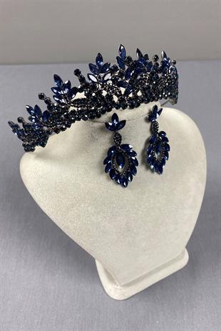 Navy Blue Belur Bridal Henna Crown and Drop Earring Set