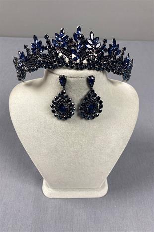 Navy Blue Belur Bridal Henna Crown and Drop Stone Earring Set