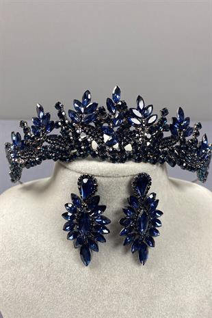 Navy Blue Belur Bridal Henna Crown and Shuttle Stone Earring Set