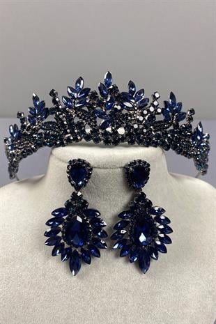 Navy Blue Belur Bridal Henna Crown and Shuttle Earring Set