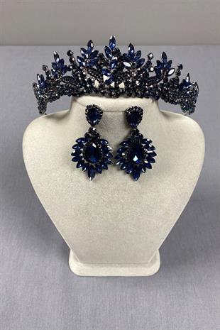 Navy Blue Belur Bridal Henna Crown and Shuttle Earring Set