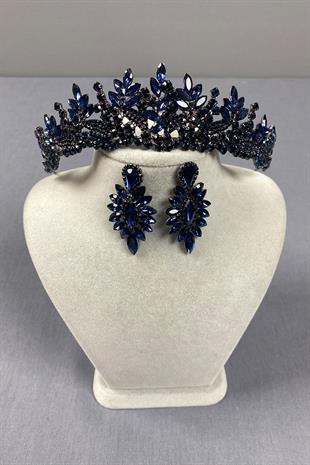 Navy Blue Belur Bridal Henna Crown and Shuttle Stone Earring Set