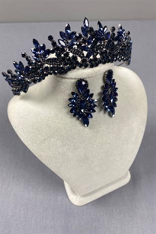 Navy Blue Belur Bridal Henna Crown and Shuttle Stone Earring Set