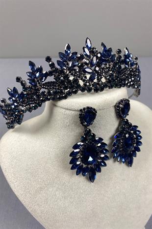 Navy Blue Belur Bridal Henna Crown and Shuttle Earring Set