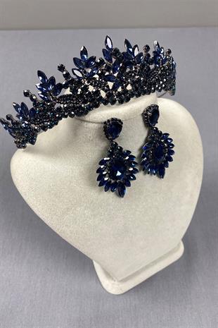 Navy Blue Belur Bridal Henna Crown and Shuttle Earring Set