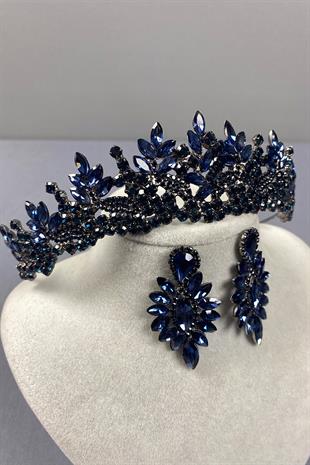 Navy Blue Belur Bridal Henna Crown and Shuttle Stone Earring Set