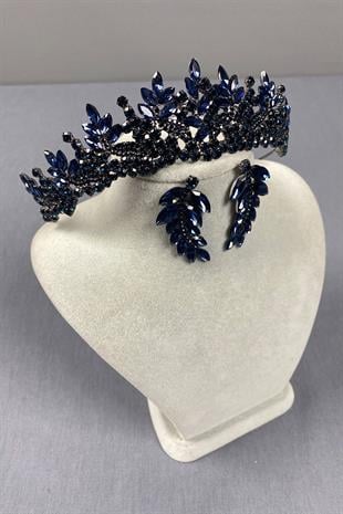Navy Blue Belur Bridal Henna Crown and Leaf Earring Set