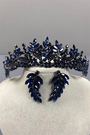 Navy Blue Belur Bridal Henna Crown and Leaf Earring Set