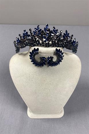 Navy Blue Belur Bridal Henna Crown and Round Earring Set