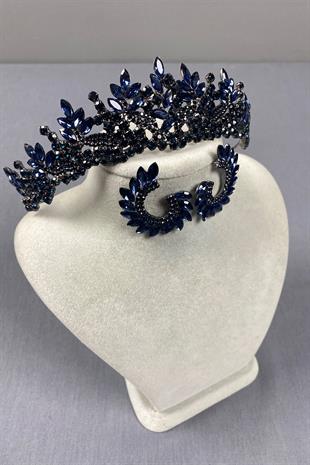 Navy Blue Belur Bridal Henna Crown and Round Earring Set