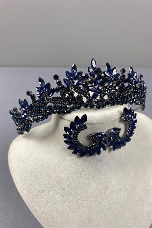 Navy Blue Belur Bridal Henna Crown and Round Earring Set
