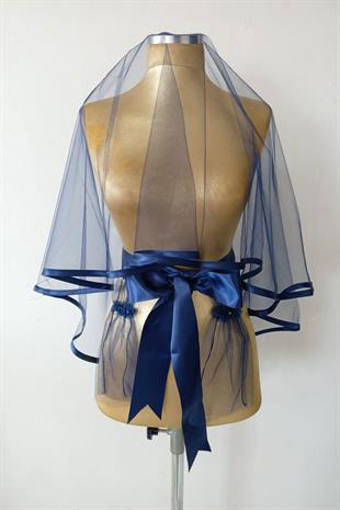 Elegant Simple Design Bridal Henna Face Cover with Navy Blue Ribbon
