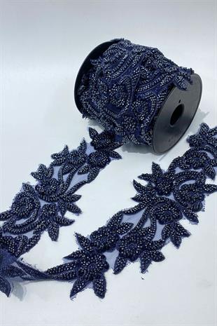 Lacivert Boncuk İşlemeli Çiçek Desen Geniş Şerit Aplik 1 Metre