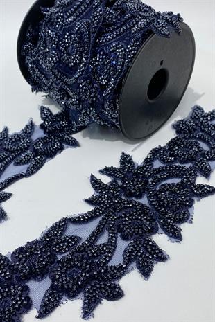 Lacivert Boncuk İşlemeli Çiçek Desen Geniş Şerit Aplik 1 Metre