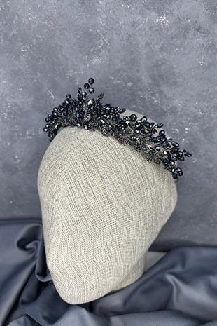 Lacivert Boncuk İşlemeli Duru Gelin Kına Tacı