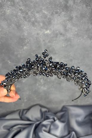 Lacivert Boncuk İşlemeli Duru Gelin Kına Tacı