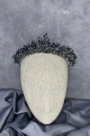 Lacivert Boncuk İşlemeli Duru Gelin Kına Tacı