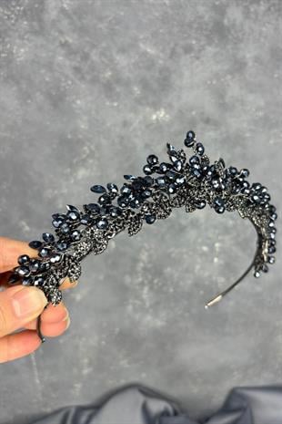 Lacivert Boncuk İşlemeli Duru Gelin Kına Tacı