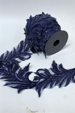 Lacivert Boncuk İşlemeli Yaprak Desenli Geniş Şerit Aplik 1 Metre