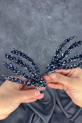 Lacivert Çift Taraflı Tarak Büge Gelin Saç Aksesuarı