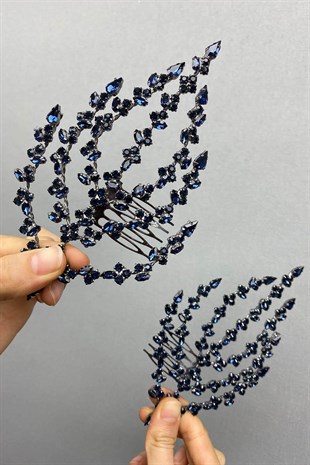 Navy Blue Double Sided Leaf Patterned Hair Accessory Henna Crown