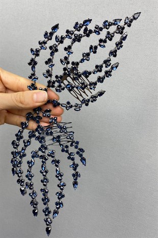 Navy Blue Double Sided Leaf Patterned Hair Accessory Henna Crown