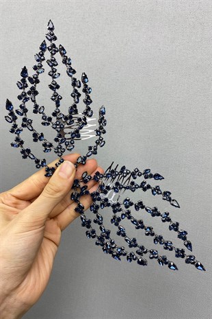 Navy Blue Double Sided Leaf Patterned Hair Accessory Henna Crown