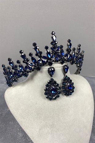Navy Blue Cooker Bridal Henna Tiara and Drop Stone Evening Dress Earrings